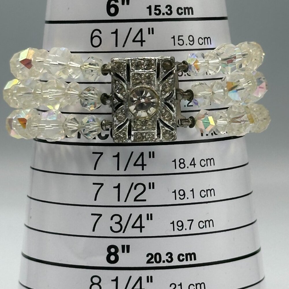 Vintage Aurora Borealis Glass Bracelet Multi Strand Clear Crystal Beads Art Deco - Picture 11 of 12